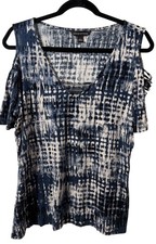 Rock & Republic XL Blue White V Neck Cold Shoulder Strappy Top