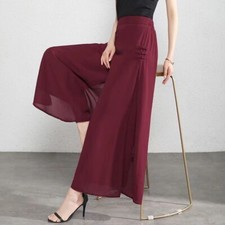 Women Elegant Wide Leg Split Pants Lady High Waisted Chiffon Trousers Party