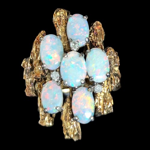 70er Jahre BRUTALIST Opale Diamanten 14k Gelbgold Cocktail Ring Vintage Statement - Bild 3 von 14