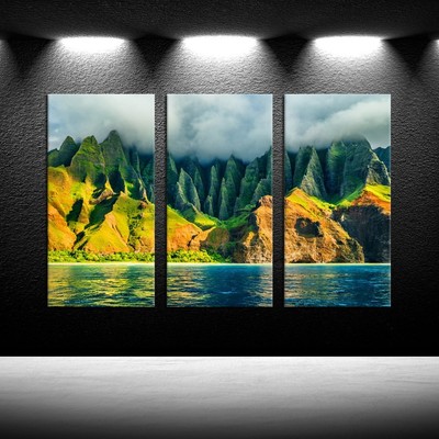iKNOW FOTO Large 3 Panel Canvas Wall Art Na Pali coast Kauai Hawaii Sea Sunse...
