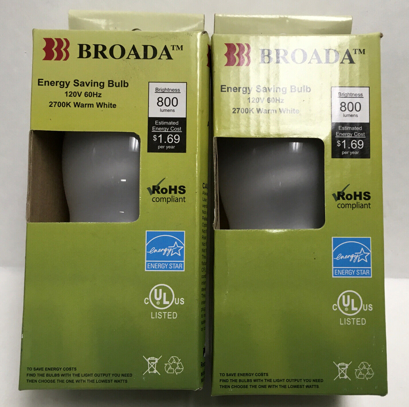 Lot of 2  BROADA Energy Saving Light Bulb 14W  120V  60Hz Warm White