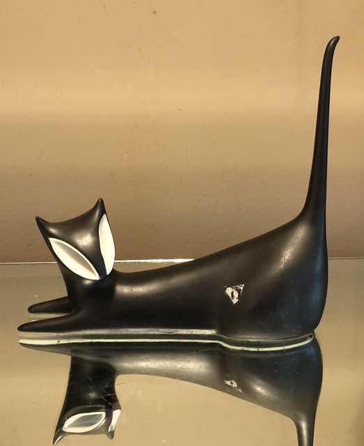 Vintage Czech Royal Dux Mid Century Modern Black White Cat 7