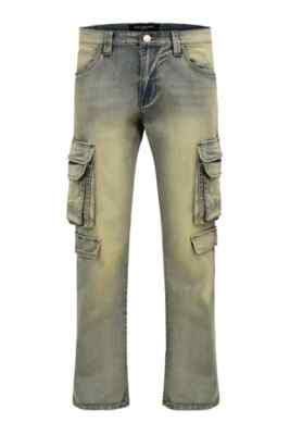 Victorious Men's Casual Bootcut Fit Utility Cargo Distressed Denim Jeans DL1495