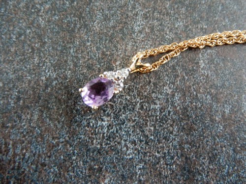 Gold Tone Lab Created Amethyst & CZ's Rectangle Necklace 18" - Picture 8 of 10
