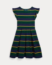 Polo Ralph Lauren Girl Navy,Green,Gold Striped Pony Cotton Ponte Pleated Dress