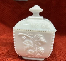 Westmoreland Milk Glass Covered Candy Dish Paneled Grape Pattern WG mark
