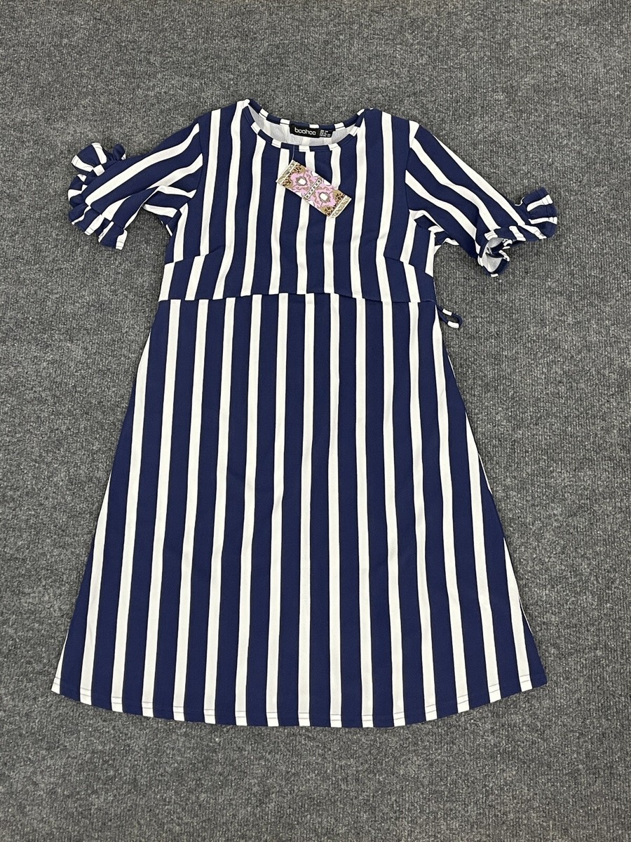 Boohoo Dress Womens 6 Maternity Ruffle Smock A Line Blue Striped N283