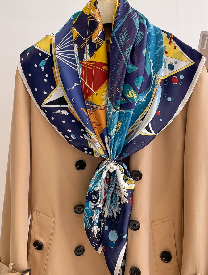 100% Silk 35 Inch Square Scarf for Women Neckerchief Wrap Bandana Sailboat Design