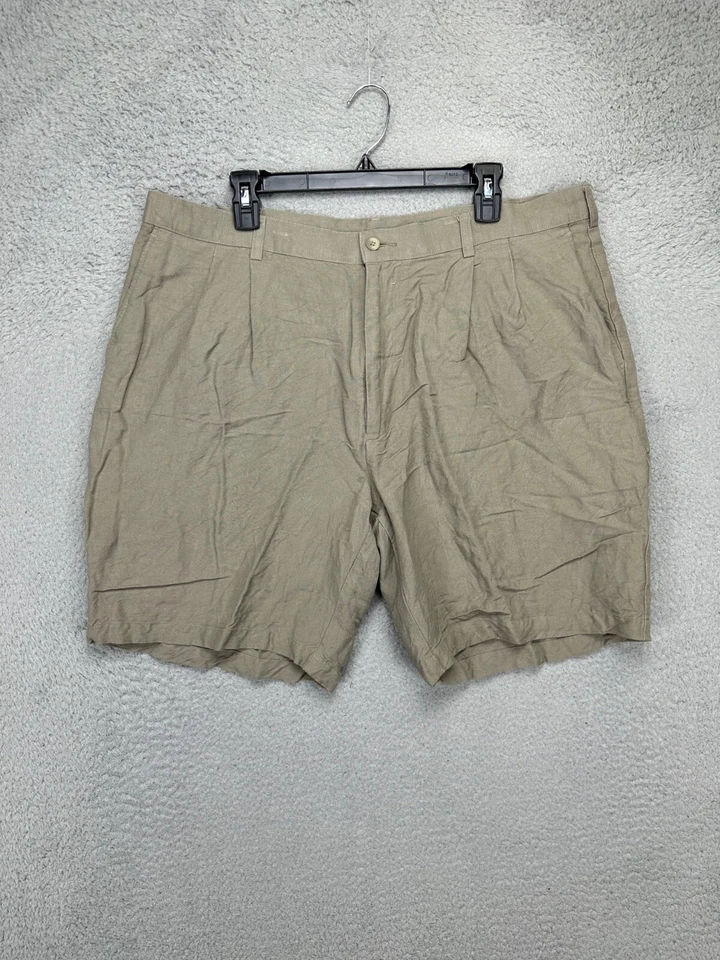 Pantalones Cortos Perry Ellis Para Hombres 40 Portafolio Marrón Mezcla de Lino Informales Plisados Bolsillos Foto 2 de 4