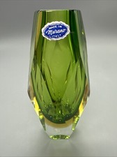 Mid-Century Modern Green and Yellow Faceted Sommerso Murano Glass Vase