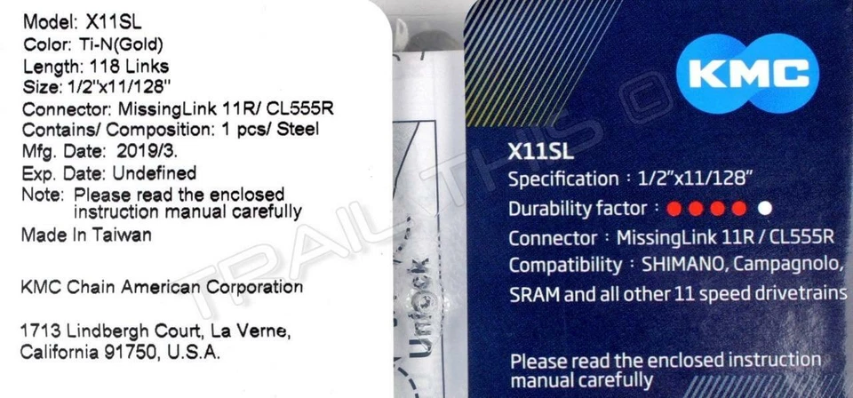 KMC X11SL Gold 11-Speed Road / CX Bike Chain Ti-N 118L fits Campy SRAM Shimano - Image 3 of 3