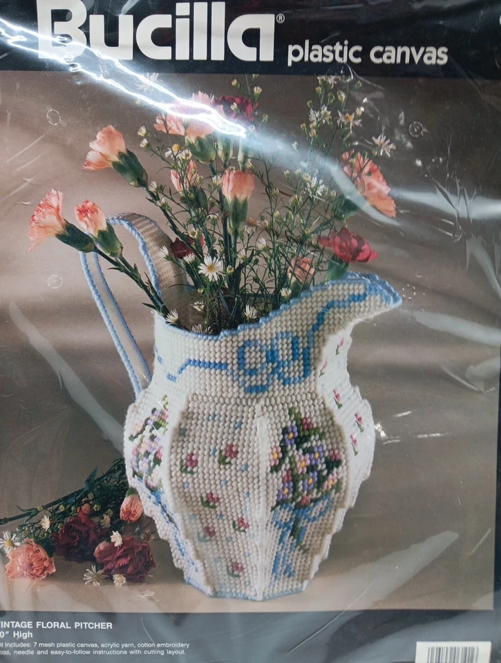 New Vintage 1993 Bucilla Plastic Canvas Kit Vintage Floral Pitcher 10" - Image 2 of 3