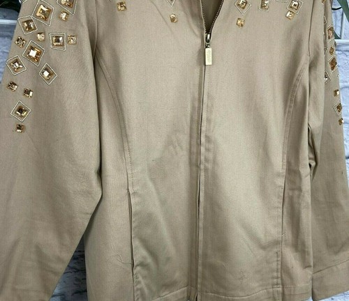 Bob Mackie Wearable Art Khaki Long Sleeve Zip Up Jacket with Gems - Picture 2 of 10
