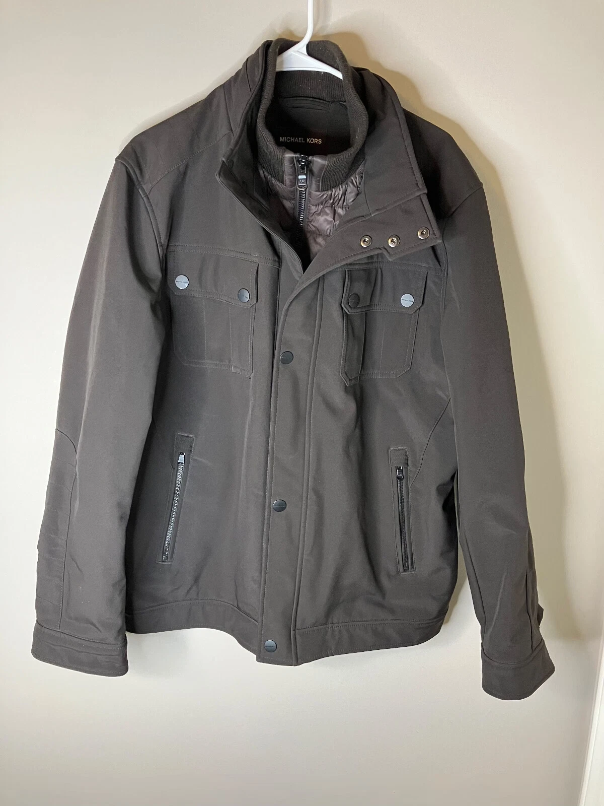 Michael Kors Mens Brown Zip Up Nylon Insulated Bomber Jacket Coat Size XL
