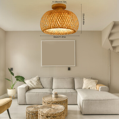 Pendant Light Hanging Ceiling Lamp Fixture Vintage Bamboo Wicker Rattan  Shade
