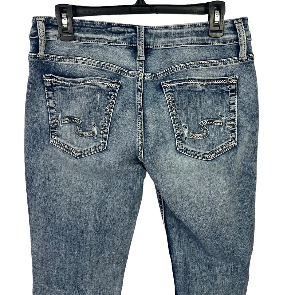 Pantalones de mezclilla para mujer PLATEADOS azul novio talla 7/8 lavado medio desgastados elásticos Foto 4 de 4