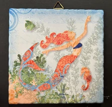Decorative Wall Art Ceramic Tile or Trivet - Mermaid & Seahorse - 8x8 - NOS