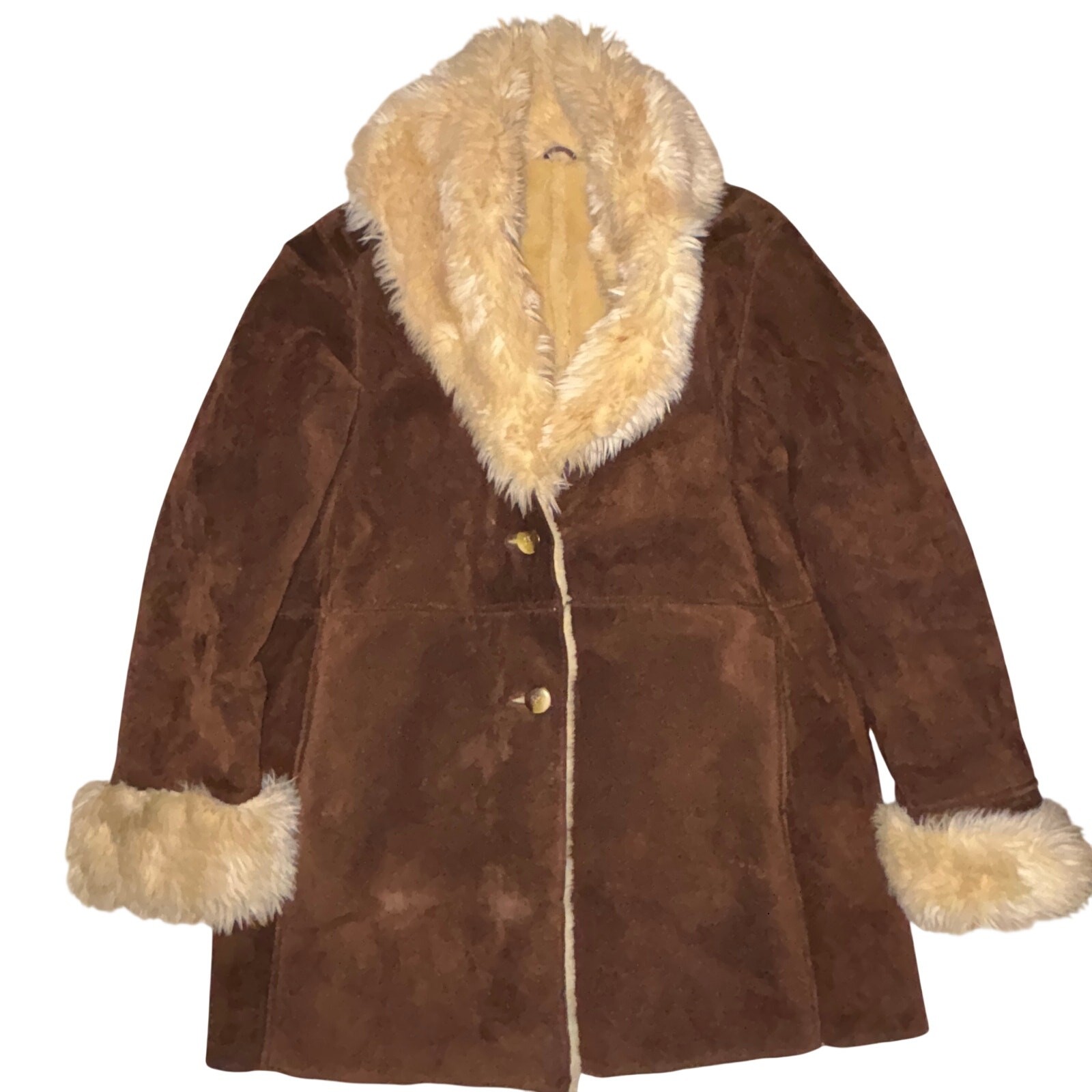 VTG Penny Lane Wilsons Suede Leather Coat Womens L Faux-Fur Trim Boho Jacket