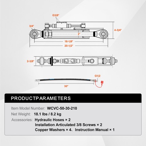 Hydraulic Top Link Cat.1-1 18-1/8 in ~ 26-3/8 in & 2x Hoses Dual Auction Power - Picture 7 of 12
