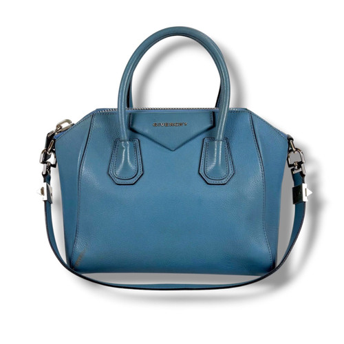 Givenchy Antigona Small Leather Satchel Shoulder Bag Light Blue 2Way Authe GC