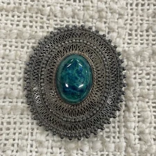 Vintage Jerusalem 950 Sterling Silver Eilat Stone Brooch Pin Pendant