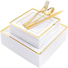 WDF 125pcs Gold Plastic Plates Set - Gold Rimmed Dinner Salad Plates, Silve...