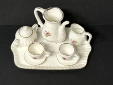 Vintage Porcelain Miniature 10 pc Child's Tea Set Pink Roses Dainty Gold Trimmed