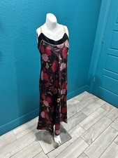 Halston Womens Dark Romantic Satin Slip Dress Floral Feminine Velvet Trim PL