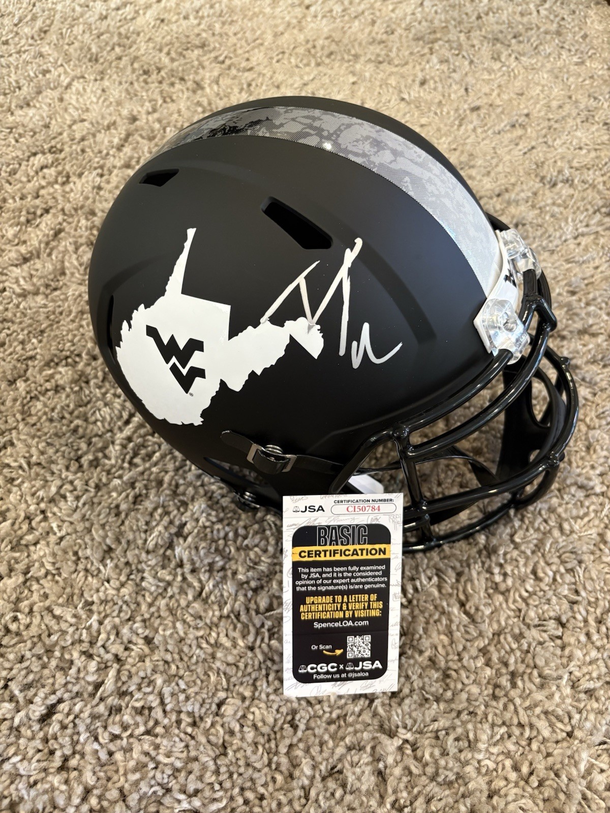 JSA COA PAT MCAFEE Autographed Signed West Virginia Football Full Helmet Coal Rush WVU 