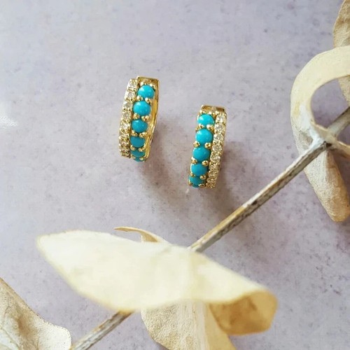 2.50Ct Prong Earrings Lab Created Turquoise 14K Yellow Gold Over Women Birthday - Picture 5 of 7