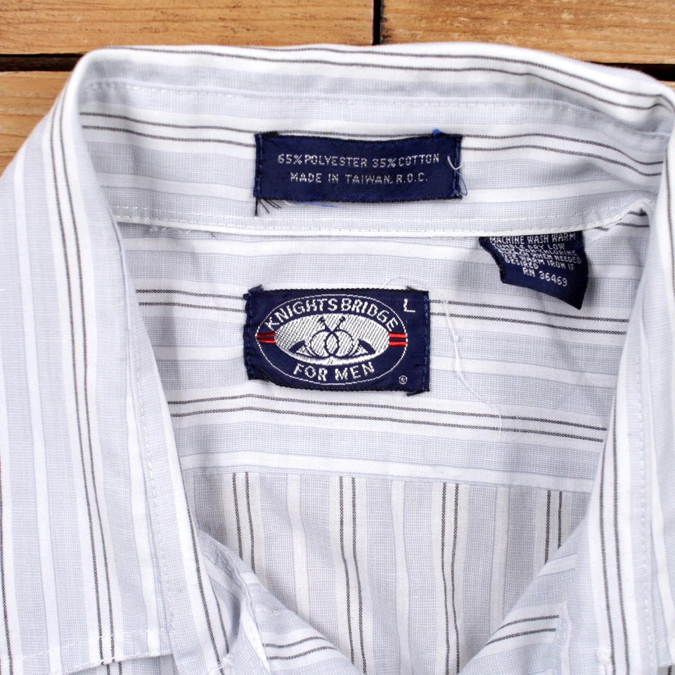 Camisa informal vintage Knightsbridge botón L para hombre manga corta azul a rayas Foto 3 de 4