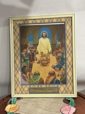 Antique Glass Advertising Glencoe Plumbing & Heating The Last Supper Photo 1954