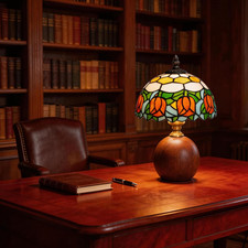 12.2" Tiffany Style Lamp, Handcrafted Stained Glass Table Lamp with Solid Wood B