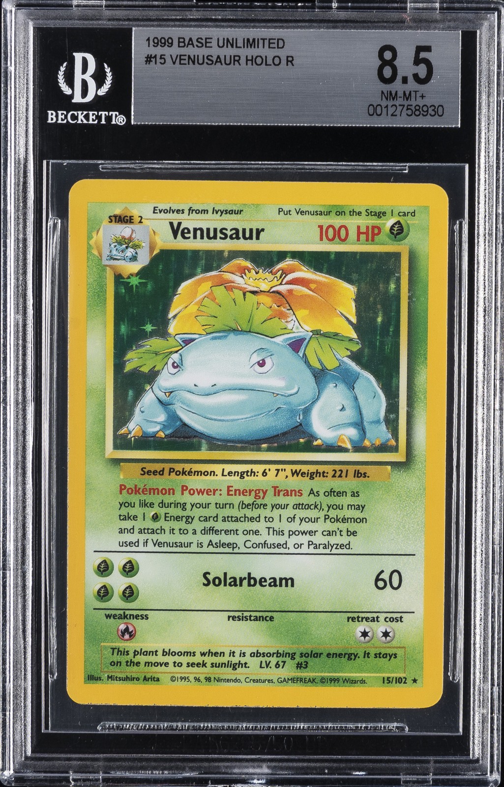 1999 POKEMON BASE SET UNLIMITED #15 VENUSAUR-HOLO BGS 8.5