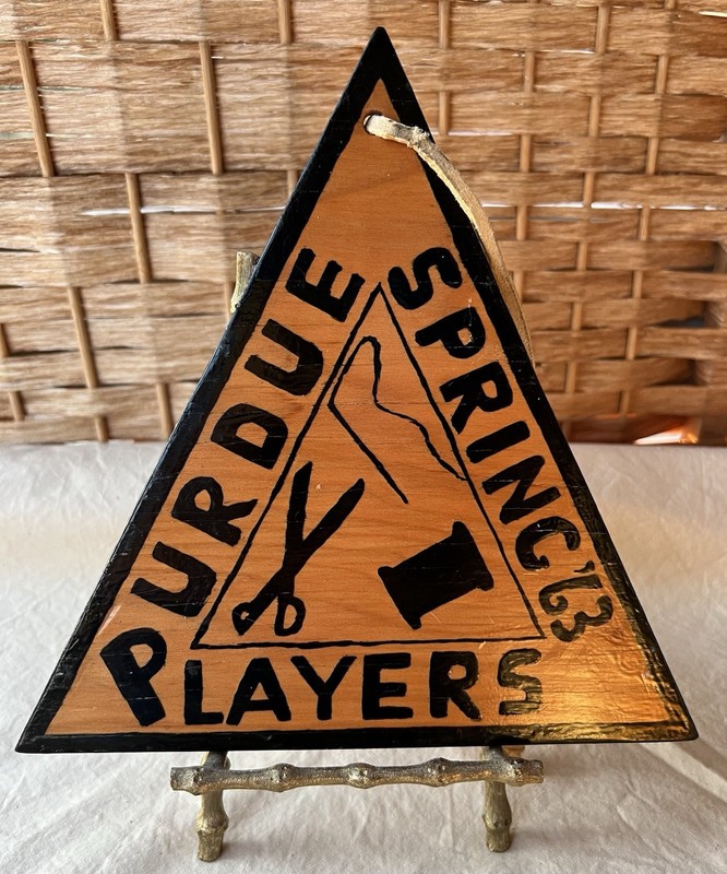 Vtg Spring 1963 Purdue Players Wood Triangle Award  Plaque to Wardrobe Person?