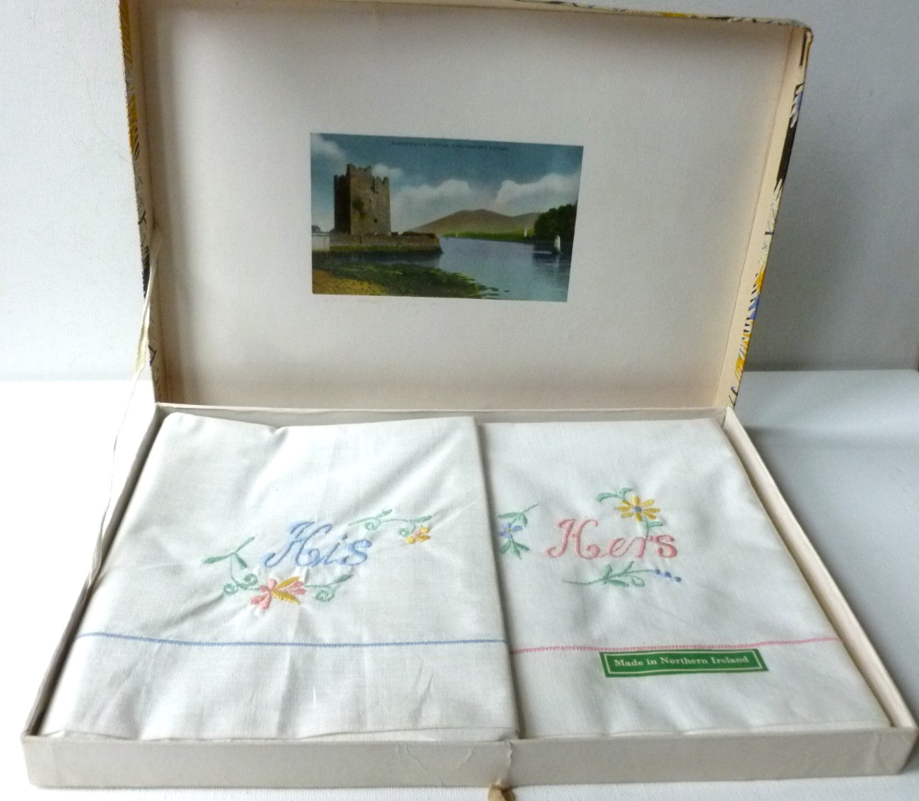 Vintage Pillow Cases Boxed Embroidered His & Hers Made in Northern Ireland