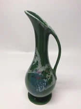 VTG Paden City Art craft Vase / Ewer Style Hand Crafted Green White Glaze. 7-3/4