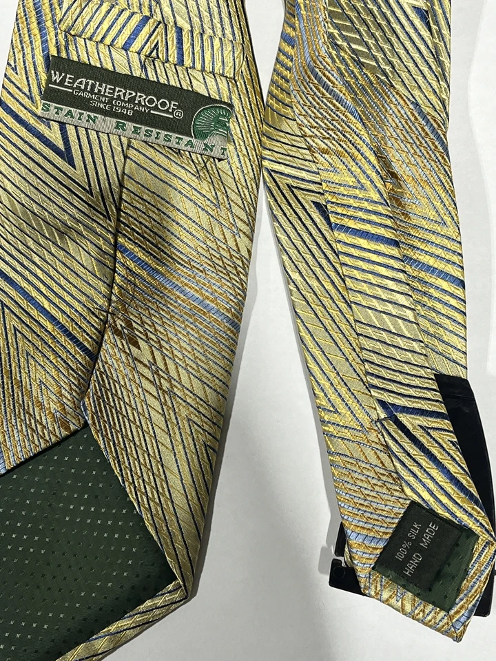 Corbata de seda pura con patrón de triángulo dorado resistente a la intemperie para hombre hecha a mano NUEVA Foto 2 de 3