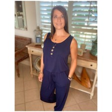 Scoop Neck Sleeveless Pocket Jogger Button Jumpsuit Navy Blue