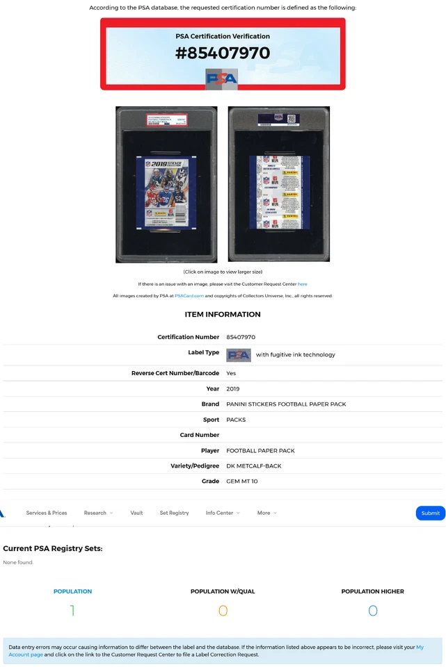 2019 Panini Stickers Pack SHOWING DK Metcalf TRADING CARD RC #99, PSA 10 POP 1 - Image 4 of 4