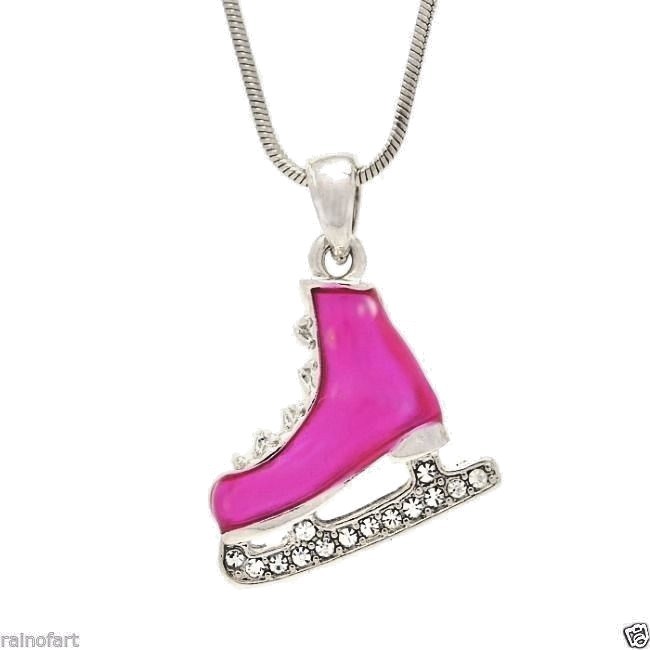 Swarovski Crystal Hot Pink Hockey Pendant Ice Skate Shoe Charm on 18 Inch Chain