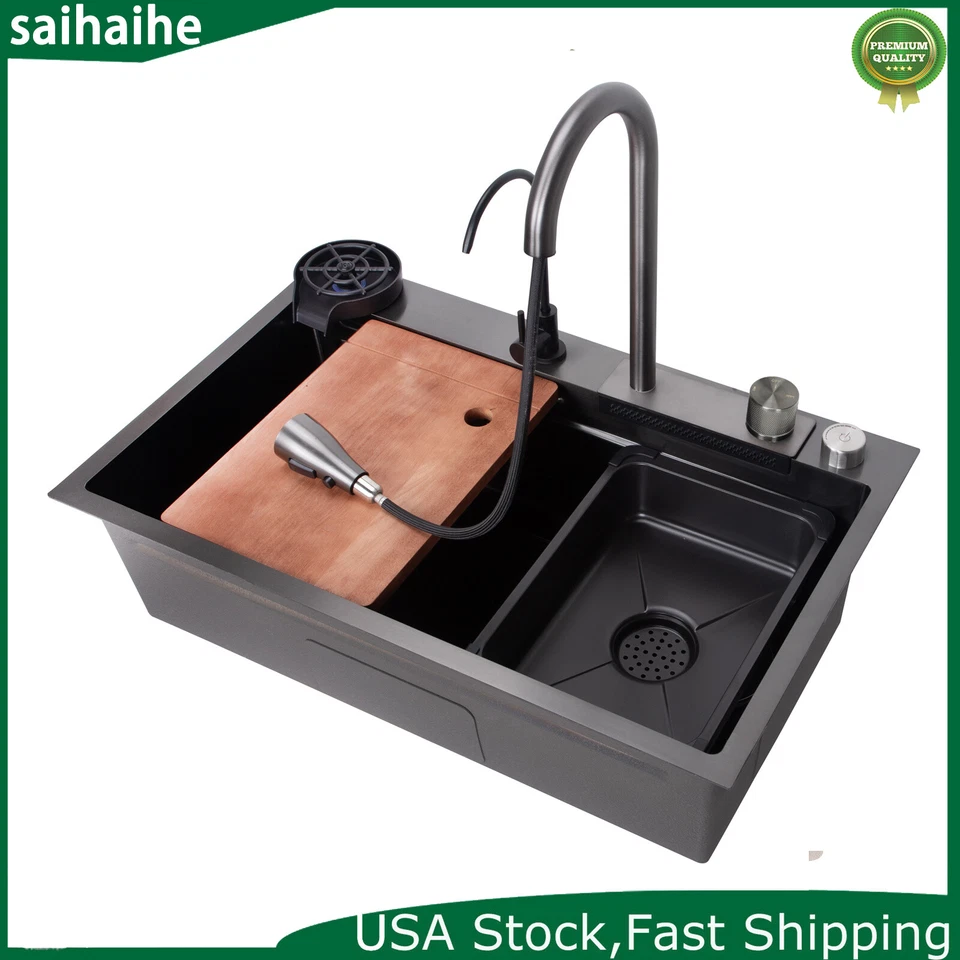 Fregadero de cocina cascada de acero inoxidable con lluvia voladora con grifo abatible para el hogar Foto 3 de 4