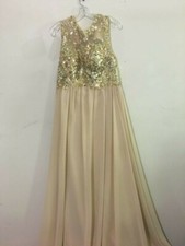 Beige Gold Silver Sequin Beaded Ball Gown Brides Maid Dress Prom Women Size 14