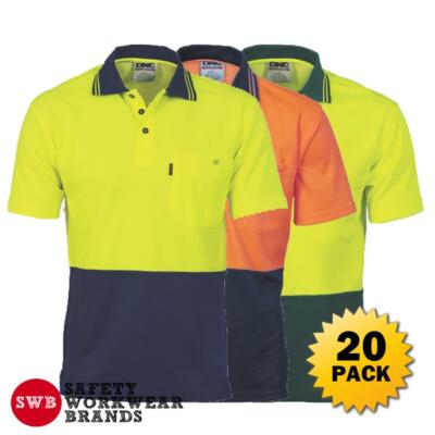 20 x DNC Workwear Mens Hi Vis 2 Tone Cotton Back Polo Shirt Breathable ...