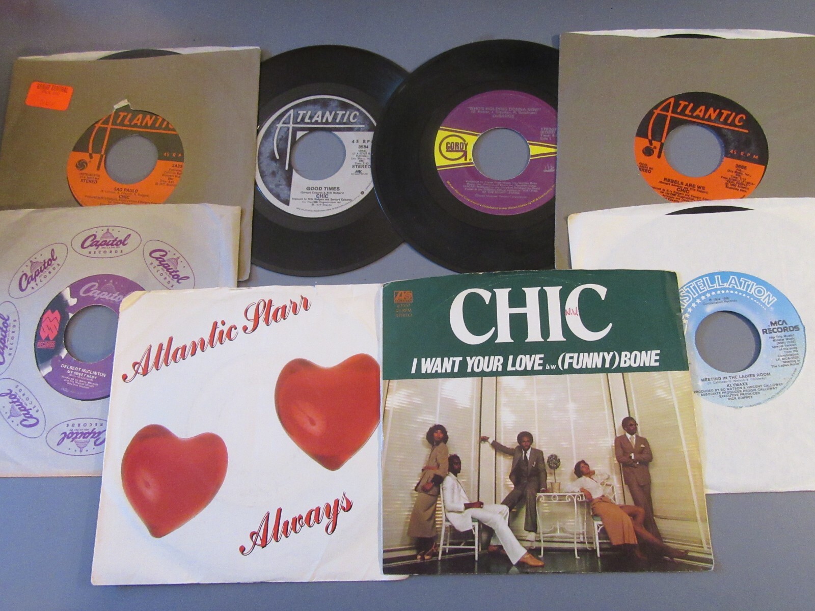 Vinyl Records 45’s Lot 8pc Atlantic Starr, Chic, Klymaxx, McClinton, DeBarge-image