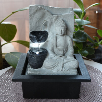 LED Buddha Design Zimmer Tisch Spring Brunnen Feng Shui Flur Dekoration grau
