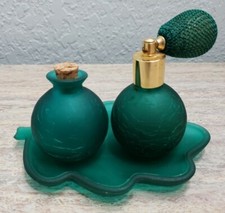 Vintage Green Satin Crackle Glass Atomizer Perfume Bottle Vanity Set Leaf Tray