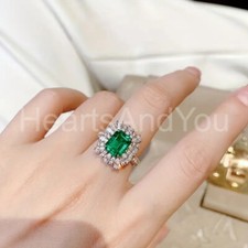 4ct Simulated Green Emerald Halo Cocktail Engagement Ring 14K White Gold Plated