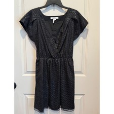 BCBGeneration Womens Black Silver Metallic Flutter Sleeve V-Neck Mini Dress Med