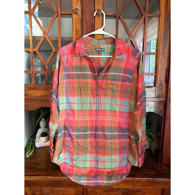 Toad&Co Womens Cairn Popover Tunic M Pink Green Plaid Flannel Shirt